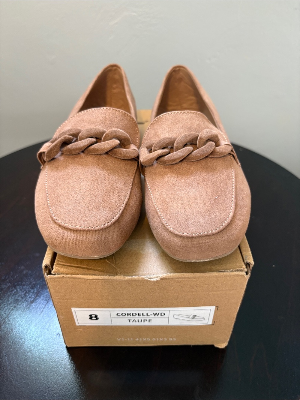 NWT Box Journee Collection Taupe Suede Loafers with Braided Chain - Size 8
